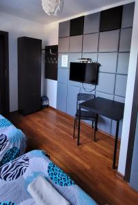 Pokój z biurkiem i telewizorem w obiekcie M Hostel w mieście Gliwice