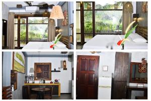 un collage de fotos de un dormitorio y una habitación en Guruwaththa Eco Lodge en Hikkaduwa