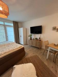 um quarto com uma cama e uma televisão de ecrã plano em Apartment Traumfänger em Wilhelmshaven