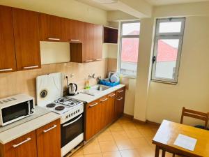 a small kitchen with a stove and a microwave at Minimal Guest Houses in Addis Ababa