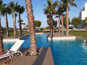 een zwembad van het resort met palmbomen en stoelen bij Penthouse op Las Colinas golf & country club Hinojo 1 in Orihuela