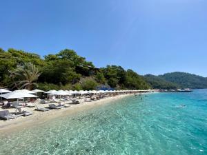 a beach with chairs and umbrellas and people in the water at Villa Storm - Very Stylish Villa w/Pool & Garden in Gocek Hills in Fethiye