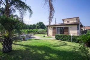 une cour avec une maison ornée d'un palmier dans l'établissement Villa Gusmano, à Piedimonte Etneo