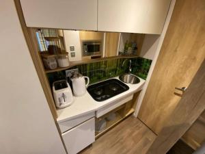 a small kitchen with a sink and a stove at Neptunes Pod in Fort William