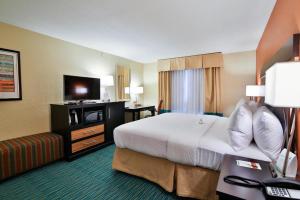 um quarto de hotel com uma cama e uma televisão de ecrã plano em Holiday Inn Bismarck, an IHG Hotel em Bismarck