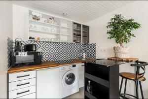 a kitchen with a washer and dryer on a counter at Maisonnette Jardin Merignac in Mérignac