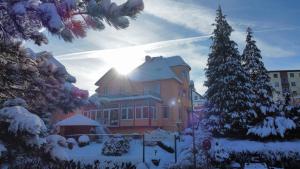 een groot gebouw met sneeuw op de grond naast een kerstboom bij Haus am See in Bad Sachsa