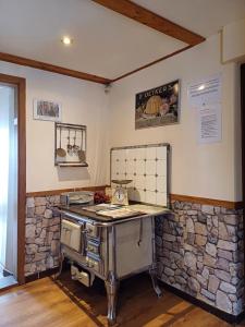een keuken met een fornuis en een stenen muur bij Pension Altes Haus in Hannoversch Münden