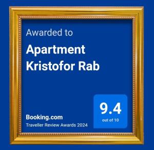 un marco fotográfico con un letrero que lee otorgado al apartamento kristoferrab en Apartment Kristofor Rab en Kampor