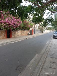 Une rue vide avec des fleurs roses sur un mur dans l'établissement Timba belleVilla, à Cotonou