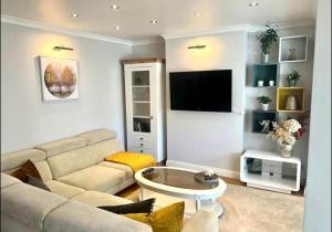 a living room with a couch and a tv at Gorgeous One Bedroom Apartment with Jacuzzi bath in Hither Green