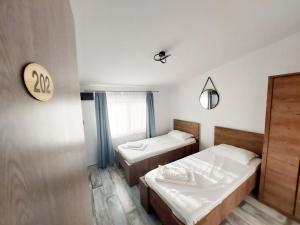 a bedroom with two beds and a window with a spider on the wall at SeaHorse GuestHouse in Năvodari