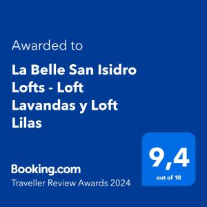 Capture d'écran d'un téléphone avec le texte attribué à la belle san isabella dans l'établissement La Belle San Isidro Lofts - Loft Lavandas y Loft Lilas, à San Isidro