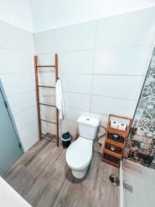 a small bathroom with a toilet and a shelf at Casa Dom Simões in Aljezur