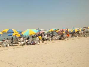 um grupo de pessoas sentadas sob guarda-sóis na praia em قرية النورس مكتب السعد em Ismaília