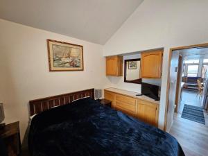Dormitorio con cama, escritorio y TV en Ocean Front Cabin 1 With Jacuzzi & Amazing Views, en Smith River