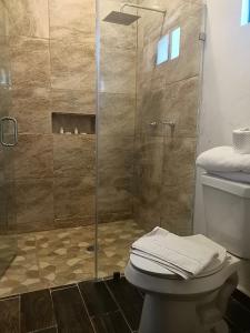 y baño con ducha de cristal y aseo. en Hacienda Viga 2020 Hotel, en Cuatrociénegas de Carranza