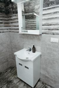 un bagno con un lavandino bianco e uno specchio di Apartman Silver room a Sombor