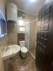 a bathroom with a toilet and a sink at Luxurious, fully furnished and well equipped apartment with modern amenities, stunning views, and convenient location for remote work or studying from home in Madinaty