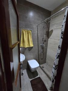 y baño con ducha, aseo y lavamanos. en Sqaq Numru 1 Accomodation, en Rabat