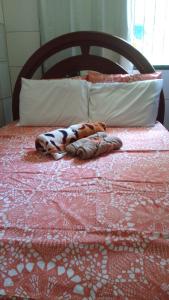 un animal de peluche tirado en una cama rosa en Beach House en Salinas da Margarida