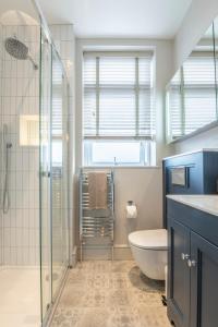 a bathroom with a shower and a toilet and a sink at Blu's Seaview Apartment in Llandrillo-yn-Rhôs
