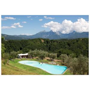 einen Luftblick auf einen Pool mit Bergen im Hintergrund in der Unterkunft Appartamento Virginia in Monti di Licciana Nardi