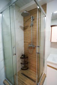 y baño con ducha y mampara de cristal. en Apido apartment, en Kavadarci