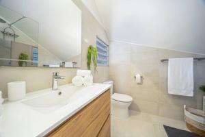 a bathroom with a sink and a toilet and a mirror at Villa Tropical Dream - Diamant in Le Diamant +13 photos