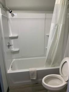 La salle de bains est pourvue de toilettes et d'une baignoire. dans l'établissement JAL COUNTRY INN, à Jal