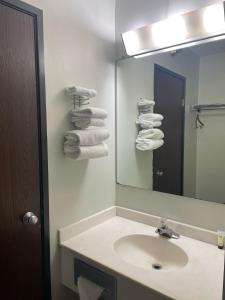 een badkamer met een wastafel, een spiegel en handdoeken bij Blackstone Hotel in Mandan