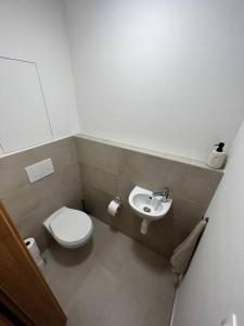 La salle de bains est pourvue de toilettes et d'un lavabo. dans l'établissement Brand New 2 Bedroom apartment by the airport, à Bratislava