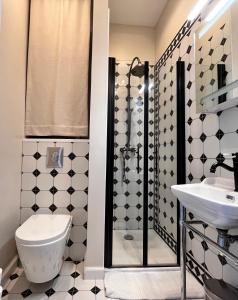a bathroom with a shower and a toilet and a sink at Appartement bourgeois avec terrasse et vue lac in Aix-les-Bains