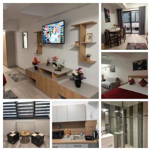eine Collage mit Fotos von einer Küche und einem Wohnzimmer in der Unterkunft Studio Lavinia in Eforie Nord
