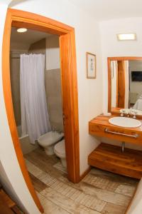 ein Badezimmer mit einem Waschbecken, einem WC und einem Spiegel in der Unterkunft Complejo Base 41 in San Carlos de Bariloche