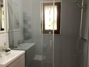 a bathroom with a glass shower and a sink at Ferienwohnung Bodensee in Hohenfels