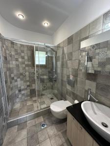 a bathroom with a shower and a toilet and a sink at Ocean views in Plataria