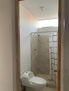 a bathroom with a toilet and a shower at Sand house in Máncora