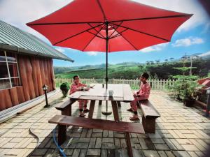 dos niños sentados en una mesa de picnic con una sombrilla roja en Charley's Heaven Ambewela, en Ambawela