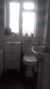 a bathroom with a toilet and a sink and a window at Albany Rooms in Bexley