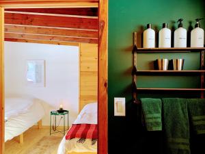 a bedroom with green walls and a bed and shelves at The Lorca Adirondacks Motel in Indian Lake