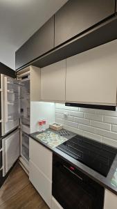 a kitchen with a stove and an open refrigerator at Apartament Anastazja FREE PARKING in Krakow