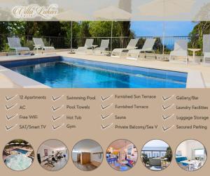 un collage di foto di una piscina con descrizione di Apartments Villa Lukas a Cavtat