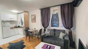 a living room with a couch and a table at TALIJA in Vračar (historical)