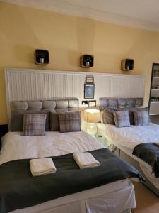 um quarto com duas camas com almofadas em Frederick Douglass - Rooms In The City em Edimburgo