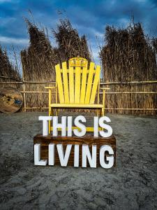 una silla amarilla con las palabras que esto es vivir en M beach, 