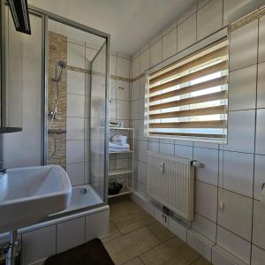 a bathroom with a sink and a shower at Ferienwohnung Blick ins Grüne in Rossleithen
