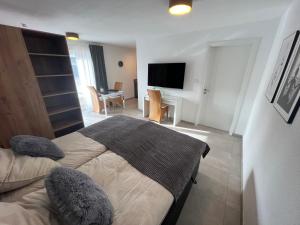 a bedroom with a bed and a desk and a television at Ferienwohnung im Odenwald in Limbach