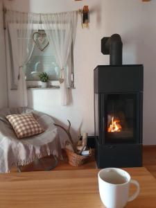 a fireplace in a living room with a cup of coffee at Apartman VikendicaManja Banja Luka in Banja Luka