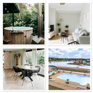 un collage de cuatro fotos de una casa con piscina en Welness Bungalow midden in het bos, en Rheezerveen
